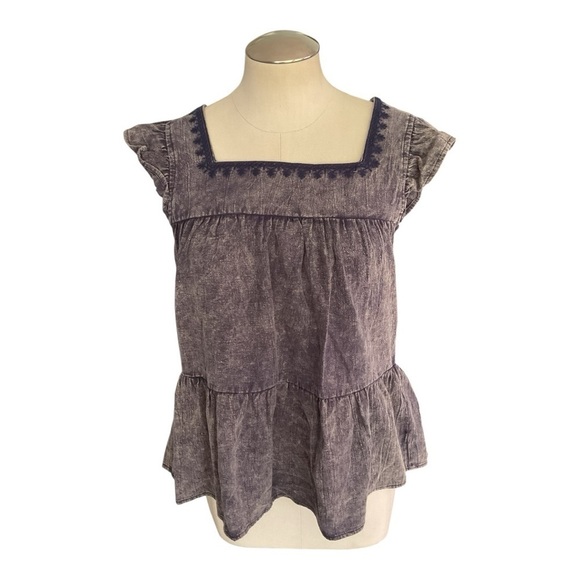 Hem & Thread Tops - Hem & Thread Boho Peplum Top Size M Gray Washed Look Square Neck Cap Sleeve